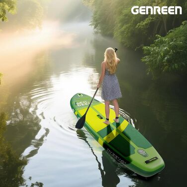 Надувне SUP-борд GENREEN (Extra Groß) для всіх рівнів підготовки, 335x86 см, для дорослих, з аксесуарами, з тримачем для камери, 3 фіни, вантажопідйомність до 200 кг (Monstera green)