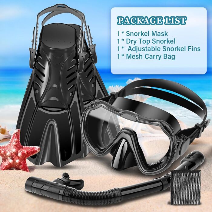 Комплект для снорклінгу для дорослих 4 в 1: маска, трубка, ласти, сумка (чорний, XL)