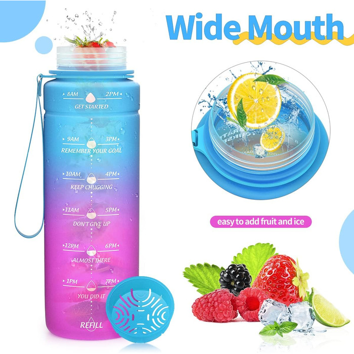 Дитяча спортивна пляшка для води 500 мл блакитно-лілова з мітками часу, Tritan, BPA Free, без витоку, для школи та спортзалу