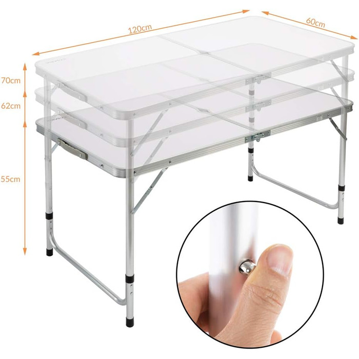 Складний стіл Campingtisch CASARIA® 120x60 см, білий, з регулюванням висоти, для 4 осіб, водостійкий, для кемпінгу та саду