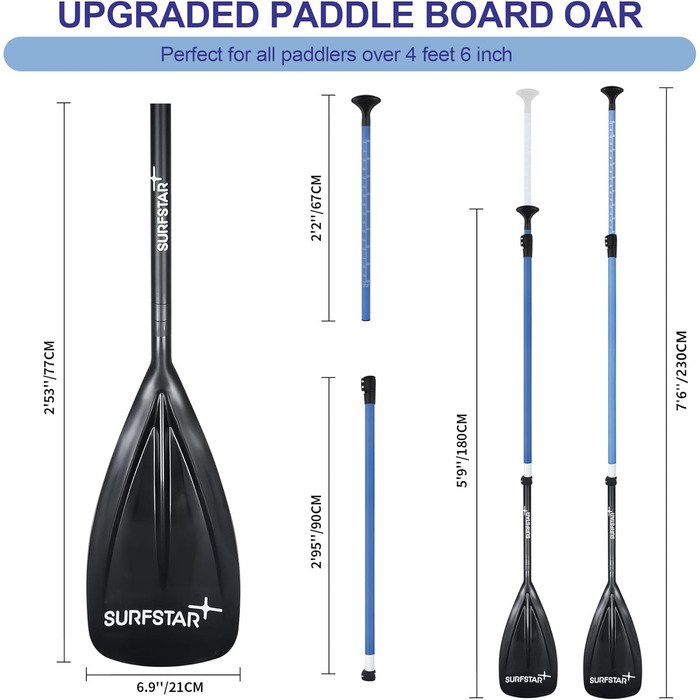 SUP весло Surfstar з фібергласу, плаваюче, 3-секційне, регульоване, довжина 180-220 см, синє, весло для сапборда з нейлоновим лезом