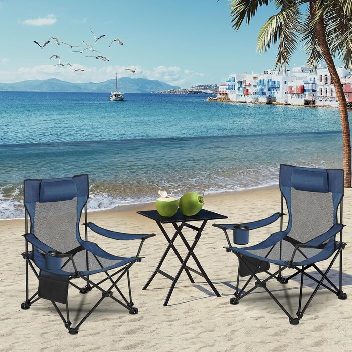 Складний стілець для кемпінгу eSituro, риболовний стілець, стілець для відпочинку з підставкою для ніг та тримачем для напоїв, пляжний стілець з регульованою спинкою (2 шт., блакитний)