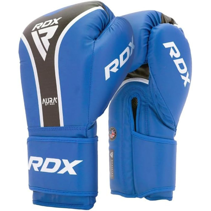 Боксерські рукавички RDX Aura Plus T-17 – шкіра Maya Hide, підкладка MG-3, піна Max-Shock – для тренувань, спарингу, кікбоксингу, муай-тай – система фіксації Quick-EZ – 283.5-453.6 г – червоні, сині, золоті (синьо-чорні, 12 oz)