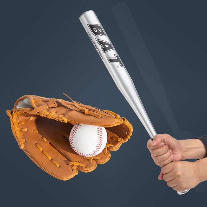 Біта бейсбольна алюмінієва 25'' (63,5 см) з рукавичкою для лівої руки, для софтболу, тренувань, молоді та дорослих, срібляста