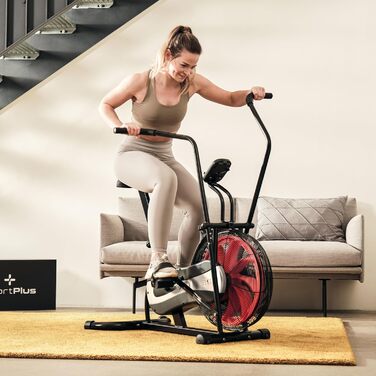 Велотренажер SportPlus Air Bike з повітряним опором, сумісний з додатком, для HIIT, домашній фітнес, підсвічування дисплея, навантаження до 100 кг, чорний/червоний, не підтримує додатки
