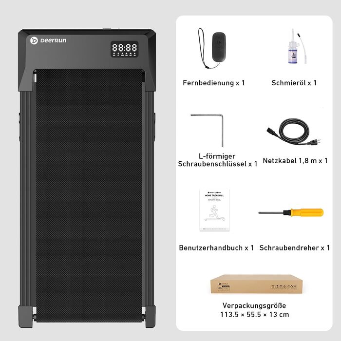 Бігова доріжка DeerRun Walking Pad під стіл з ухилом 6%, для дому та офісу, компактна, з додатком, пультом та LED-дисплеєм, до 136 кг, чорна
