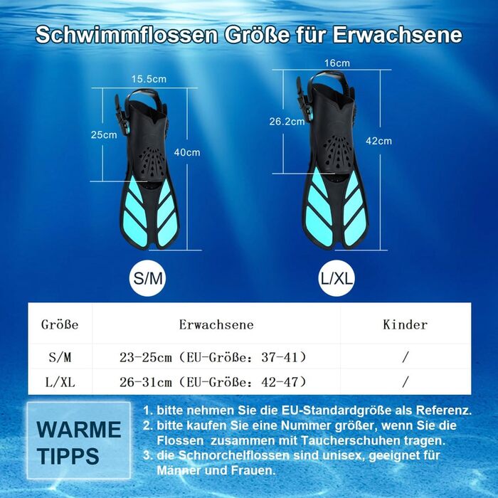 Ласти для плавання Schnorchelflossen S/M (37-41) Cyan: професійні ласти для снорклінгу та дайвінгу з регульованим ремінцем, PP+TPR