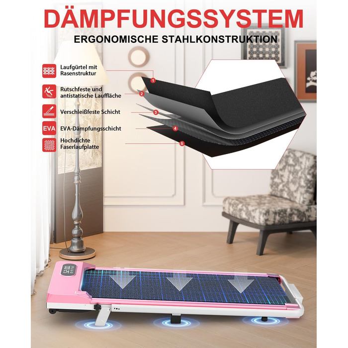 Walking Pad Klappbar з нахилом - 4 в 1 біговий килимок з нахилом 7% для дому (Рожевий)