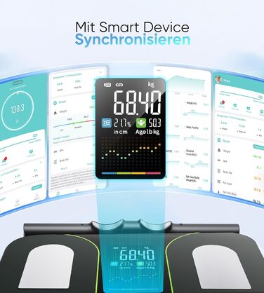 Вага для вимірювання жиру тіла з 8 електродами, персональна вага з Bluetooth, аналіз складу тіла, дисплей, 180 кг, BMI, протеїн, BMR, чорно-зелений