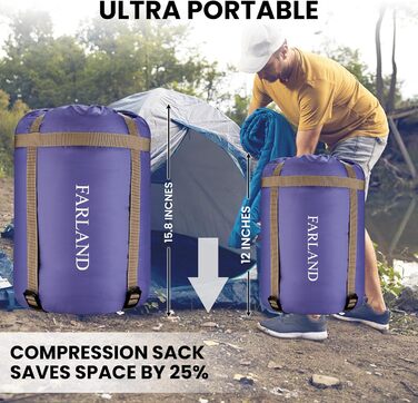 Сплячі мішки FARLAND для дорослих, підлітків та дітей, до 6.7°C, 3-4 сезони, водонепроникні, з компресійним мішком, для кемпінгу, трекінгу та подорожей, фіолетовий (R-Zip), розмір Medium (87'x29.5')