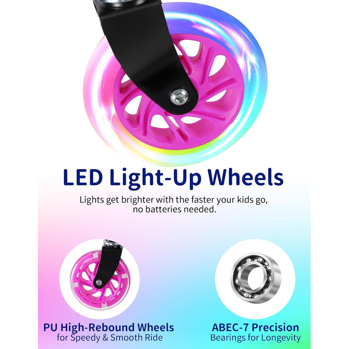 Дитячий самокат BELEEV V1Plus з LED-підсвіткою коліс та деки, складаний двоколісний скутер для дітей 3-12 років, регульована висота, колір Starry Purple