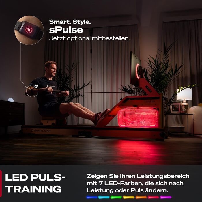 Гребний тренажер Sportstech AquaElite з водяним опором для дому, з LED-дисплеєм, обертається на 360°, дерев'яний (дуб), складний, з сертифікатом FSC®