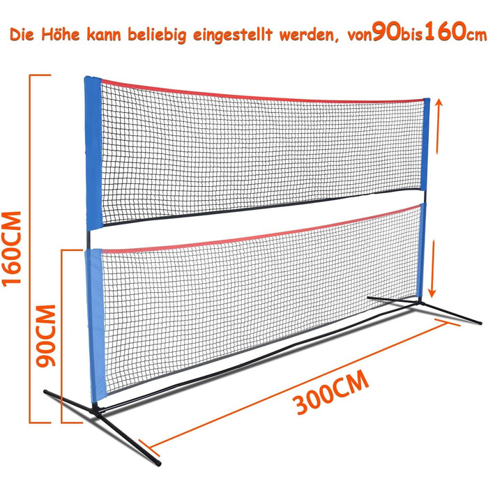 Мережа для бадмінтону Kapler регульована по висоті 90–160 см: мультиспортивна мережа 300x90–160 см для піклболу, волейболу та тенісу, для дітей та дорослих, з 2-ма федерболами та 2-ма тенісними м'ячами, портативна