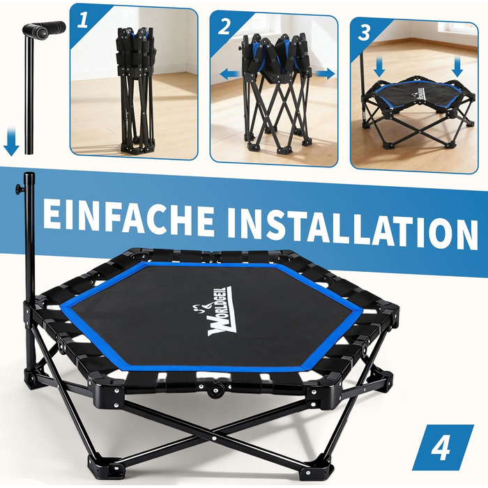 Складаний фітнес-батут для дому з регульованою ручкою, Ø 86.5 см, навантаження до 150 кг, синій — для дорослих та дітей