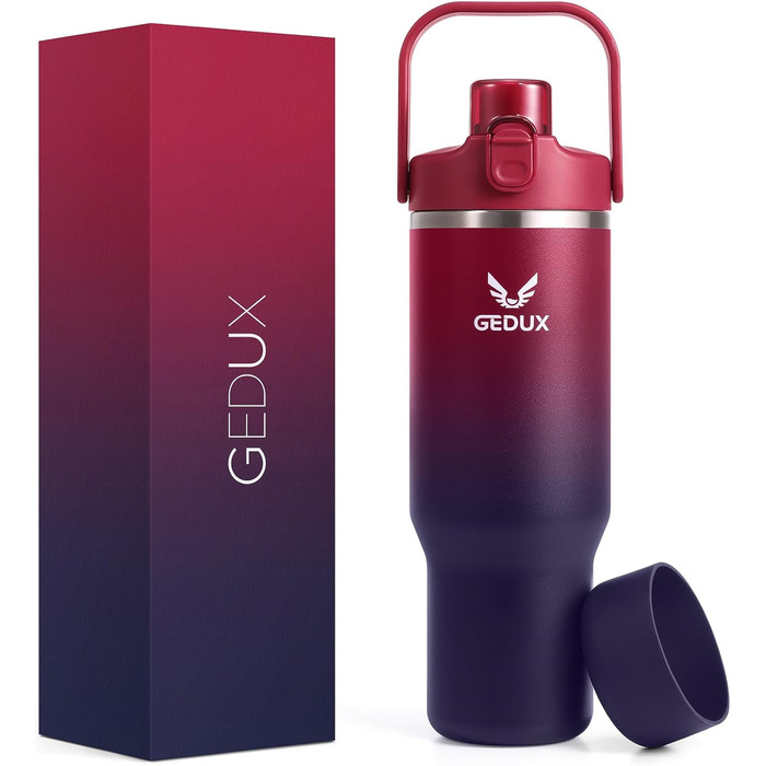 Спортивна термобутилка GEDUX IceFlow Flip Straw 1 л із трубочкою, зберігає холод понад 12 годин, герметична, BPA Free, для води, червоно-чорна, підходить для посудомийки