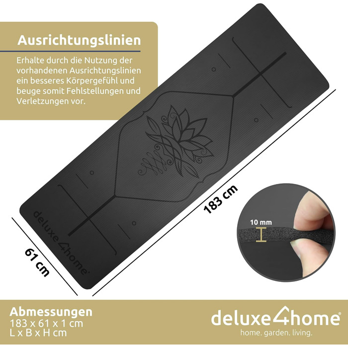 Йога мат для занять спортом | Deluxe4Home® - неслизька фітнес-мат з ручкою для перенесення | для йоги та пілатесу | чорна тренувальна мат з розміткою
