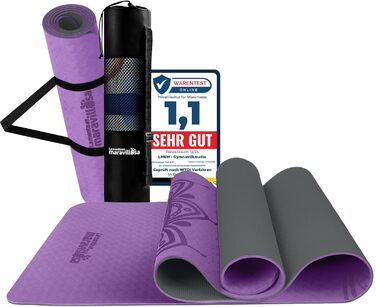 Килимок для гімнастики та йоги з неслизьким покриттям, з сумкою та E-book, 183x61 см, Мандала, фіолетовий + чорний