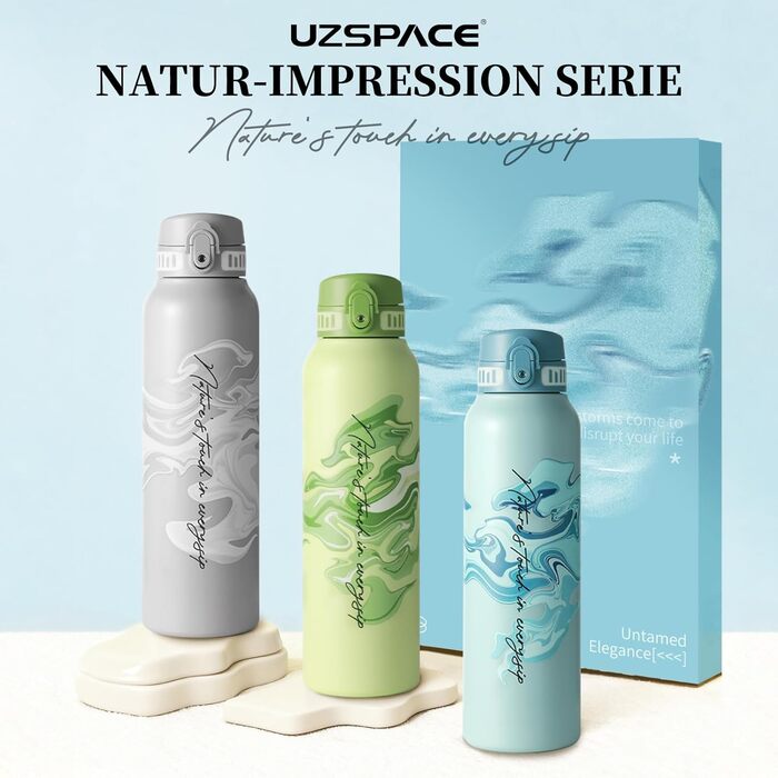 Термос-пляшка UZSPACE 1л (970мл) з нержавіючої сталі, ізольована, з 1-клік відкриванням, без витоку, для спорту, фітнесу, подорожей, зелений