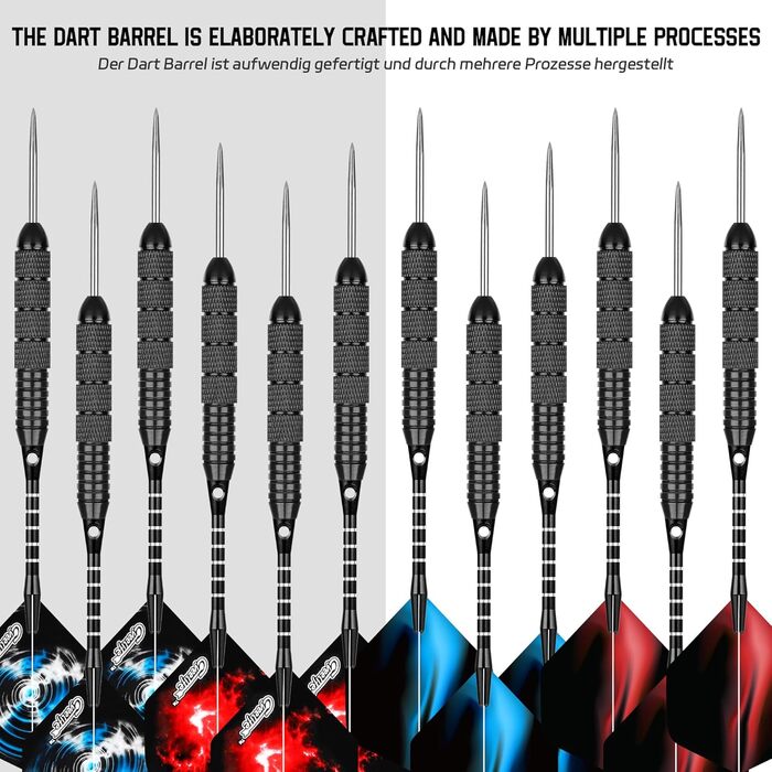 Професійні сталеві дротики CyeeLife з металевими наконечниками (12 шт.) + 24 пір'я + точилка, 22 г (Чорні)