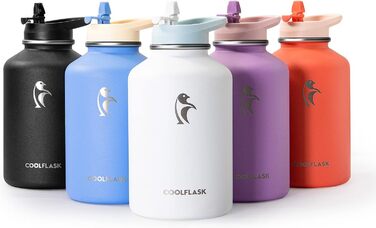 Термобутилка Coolflask 2 л з нержавіючої сталі з PU-чохлом, ізольована пляшка для води з кришкою-трубочкою, зберігає холод 48 годин, тепло 24 години, Glacier White