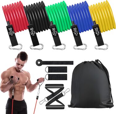 Фітнес-гумки Bindokun: набір з 5 еластичних стрічок для силових тренувань, фітнесу, пілатесу. З ручками, фіксаторами для ніг та дверей. Для жінок та чоловіків.