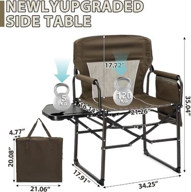 Складний туристичний стул LEADZM з бічним столиком та відділенням для зберігання, 120 кг, 600D Oxford, метал, 62x60x92 см, коричневий