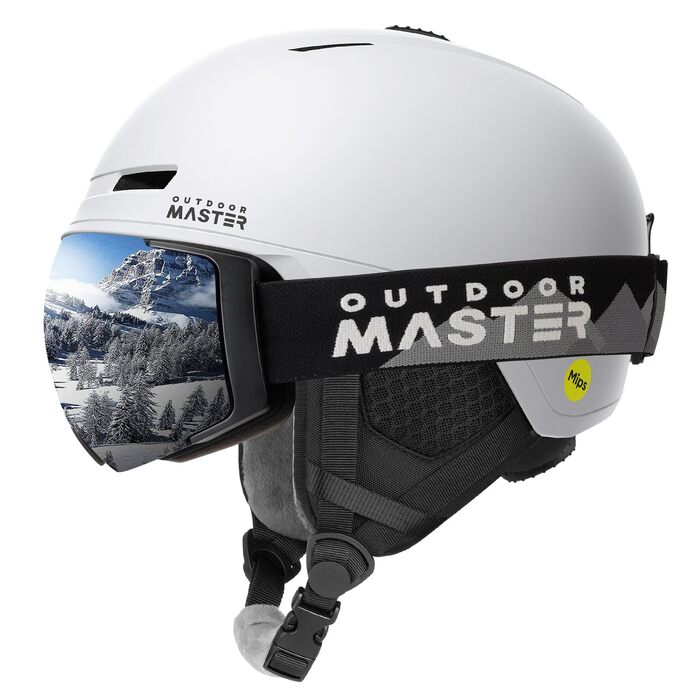 Комплект для гірських лиж та сноуборду OutdoorMaster MIPS: захисний шолом та маска (білий, розмір L) для чоловіків, жінок та підлітків