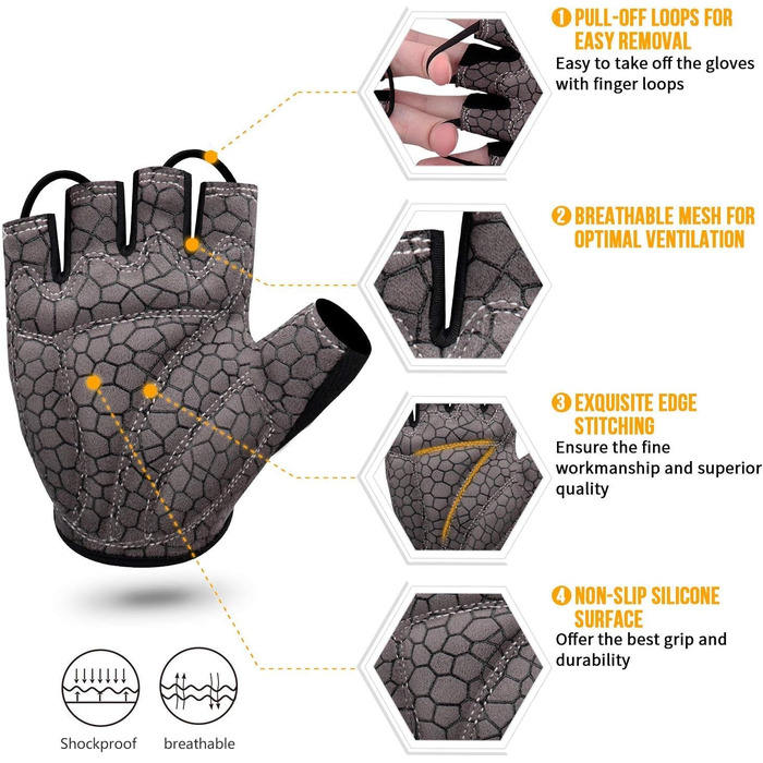 Перчатки велосипедні без пальців для фітнесу, дихаючі, з антиковзаючим покриттям та амортизацією, для MTB, фітнесу, чоловічі та жіночі, сірі (M)