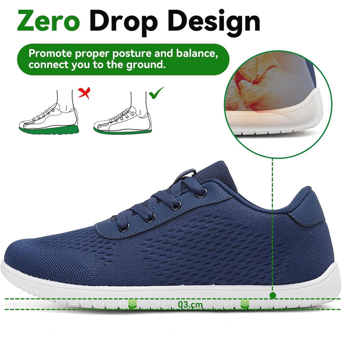 Легкі та зручні кросівки для бігу та тренувань Barfußschuhe: дихаючі, з широкою передньою частиною, антиковзаючі, для чоловіків та жінок (36 EU, Темно-синій)