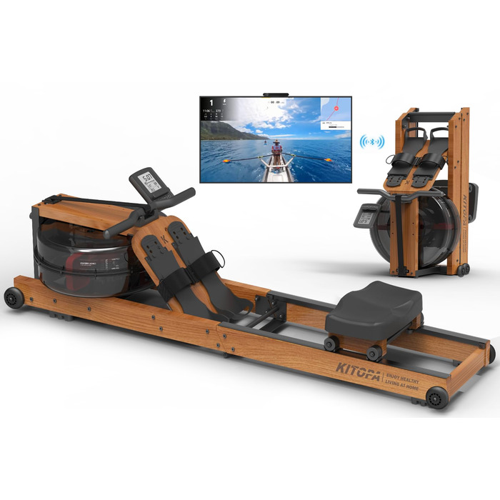Гребний тренажер Kitopa з водою, дерев'яний, для дому, складаний, з Kinomap (30 днів), максимальна висота користувача 2м, вага до 160кг, Bluetooth, дисплей, регульований тримач для телефону, коричневий