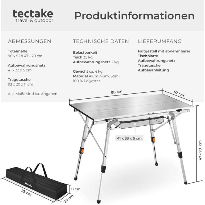 Складаний туристичний стіл Tectake® 90 x 52 см, алюміній, сірий (сільвер)