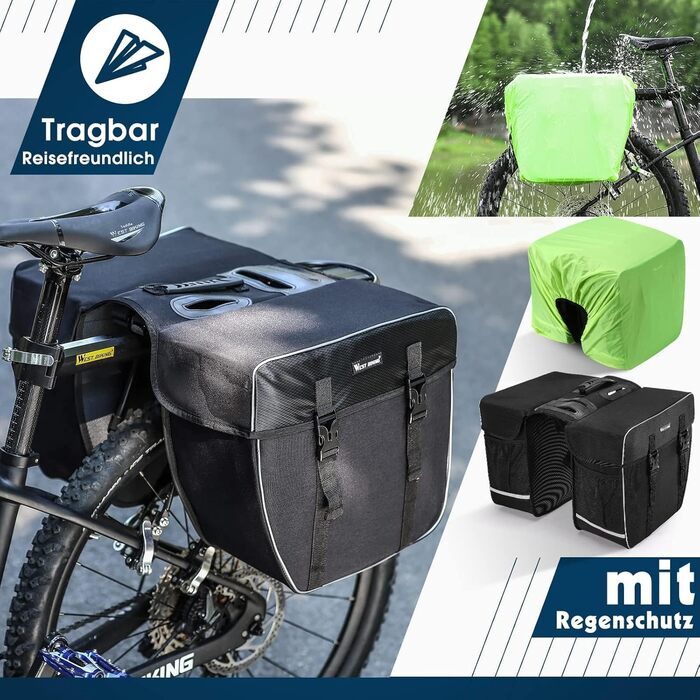 Велосипедна сумка West Biking 30L, водонепроникна, подвійна, на багажник, з ременем, захистом від дощу, чорна, міцна для перевезення речей