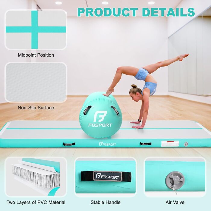 FBSPORT Килимок для гімнастики та йоги з повітряною ролкою, 400x100x10 см (зелений)