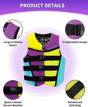 Owntop Жилет рятувальний дитячий та підлітковий, фіолетовий, M. Регульований, з триразовою системою безпеки. Підходить для каякінгу, плавання, риболовлі та снорклінгу.