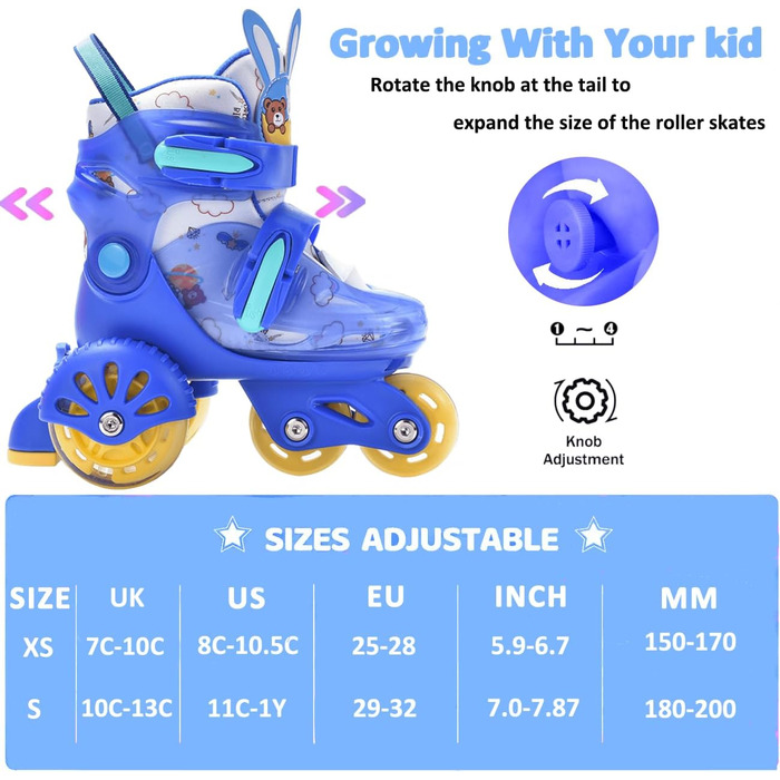 Ролики дитячі ERNAN, регульовані, для дівчаток та хлопчиків, безпечні ролики для початківців з великими колесами (Blue, S)