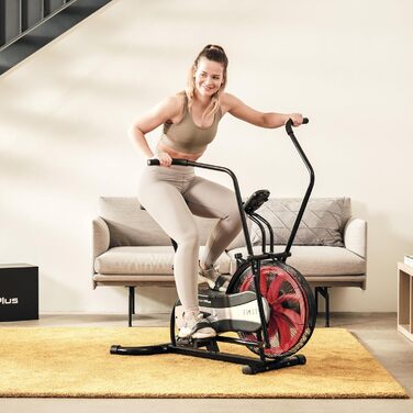 Велотренажер SportPlus Air Bike з повітряним опором, сумісний з додатком, для HIIT, домашній фітнес, підсвічування дисплея, навантаження до 100 кг, чорний/червоний, не підтримує додатки