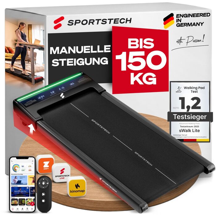 Бігова доріжка Sportstech sWalk Lite Walking Pad для дому та офісу, нахил 6%, до 6 км/год, LED-дисплей, керування через додаток та пульт, компактна, до 150 кг, чорна
