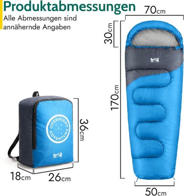 Дитячий спальник Trail Mumienschlafsack для кемпінгу 3 сезони, блакитний, 300 г/м² - з транспортним рюкзаком для хлопчиків та дівчаток