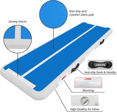 AWSUM Гімнастичний надувний мат для тренувань, фітнесу та акробатики, 3х1 метр, блакитно-білий, з насосом та сумкою