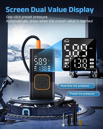 Електрична повітряна помпа, бездротова помпа для шин велосипеда з цифровим манометром (150 PSI), LED-ліхтар, для авто/велосипеда/мотоцикла/м'яча