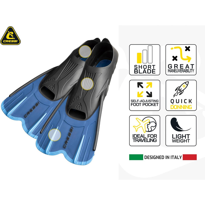 Ласти для плавання Cressi Agua Short - короткі, зручні, з саморегулюванням, для подорожей, блакитні/азурні, EU 45/46 (11.5/12.5-12.5/13.5 US)