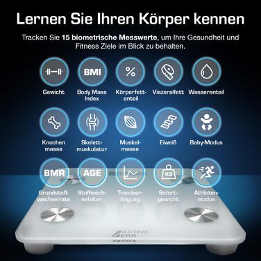 Bluetooth вага Active Era з великим LED дисплеєм, 16 вимірювань, аналізатор складу тіла, індекс маси тіла (BMI), додаток для смартфона, біла