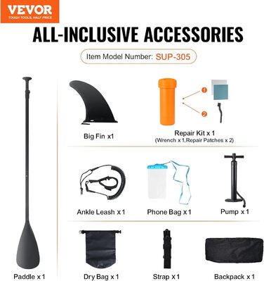 Надувна SUP-дошка VEVOR 305/323/335 см з аксесуарами: насос, весло, рюкзак, водонепроникна сумка, ремкомплект, синя — для дорослих і підлітків, PVC