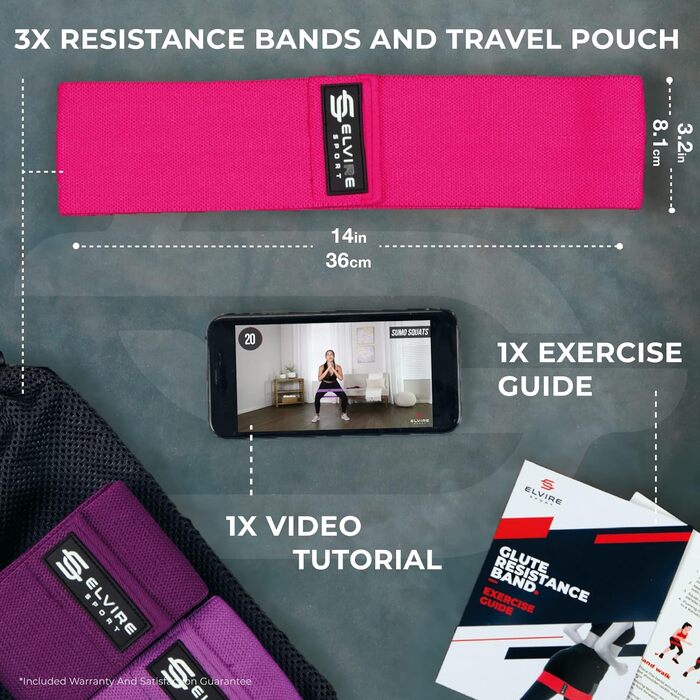Фітнес-гумки ELVIRE SPORT (3 шт.) - тренувальні гумки для стегон, сідниць та ніг | Гумки для йоги, пілатесу, кросфіту | Для чоловіків та жінок, рожевий та фіолетовий