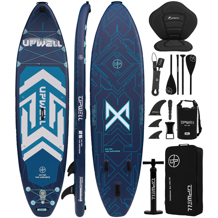 SUP дошка Upwell 350x89 см з сидінням, надувний борд для дорослих та підлітків, комплект з аксесуарами (рюкзак, весло, ліш, помпа, плавники) Chipmech Blue