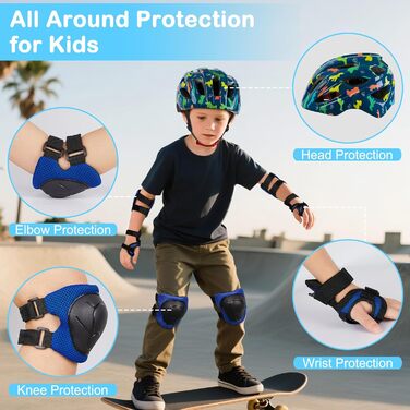 Дитячий шолом Kinderhelm для велосипеда, 3-8 років, дівчатка, регульований, комплект наколінників, блакитний динозавр