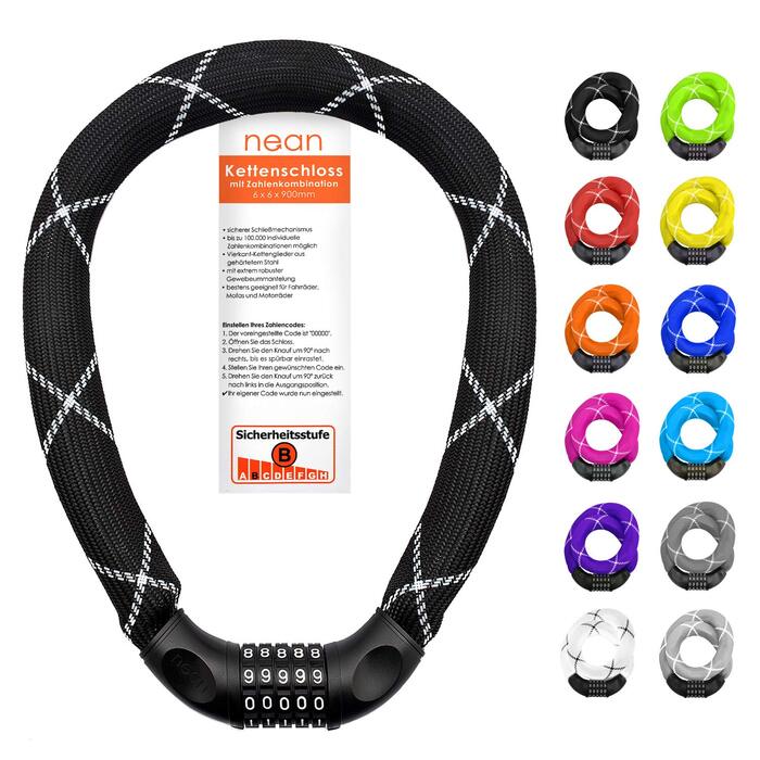 Замок для велосипеда Nean з кодовим замком, висока безпека, міцна тканинна обгортка, 6 x 6 x 900 мм, чорний