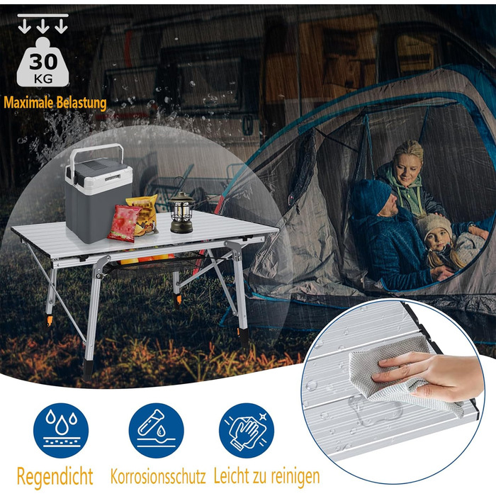 Складний алюмінієвий стіл для кемпінгу YRHome 90x52 см, регульована висота, з сумкою для перенесення (срібний)