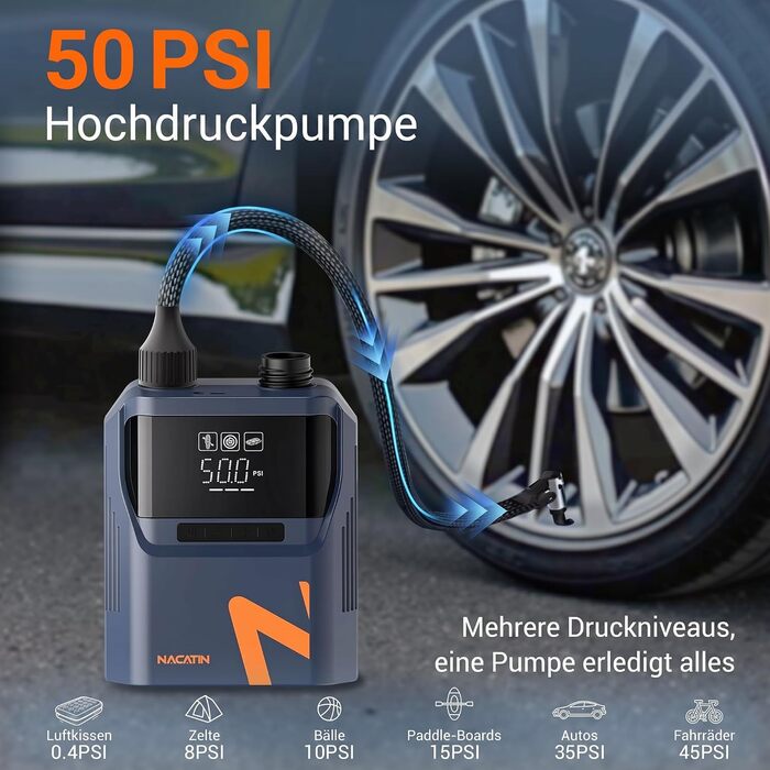 Електричний насос для SUP-дошки NACATIN 50PSI: акумуляторний компресор 5200mAh та 12V для падлбордів, човнів та автомобільних шин, 6 насадок