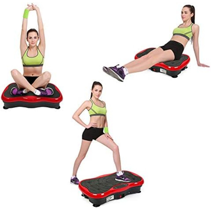 Вібраційна платформа для фітнесу з LCD-дисплеєм, пультом ДУ, 2 еластичними стрічками та Bluetooth-динаміком (чорний/білий, чорний/червоний)